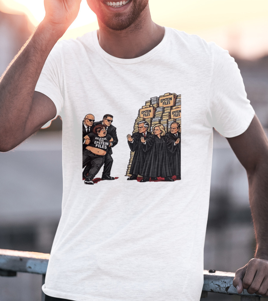 Release The Epstein Files Political Cartoon With Epstein Files Stacks And Judges T-Shirt