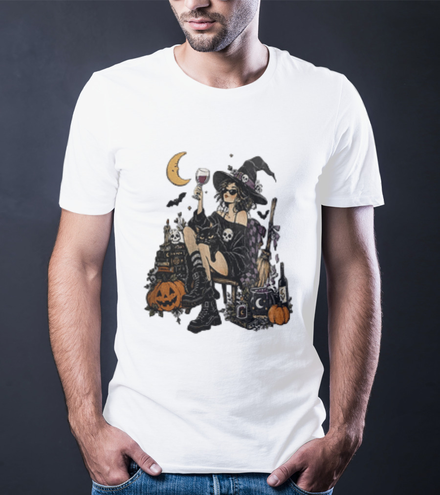 Halloween Witch Hat Sunglasses Wine Glass Black Cat Pumpkin Moon Skull Books T-Shirt