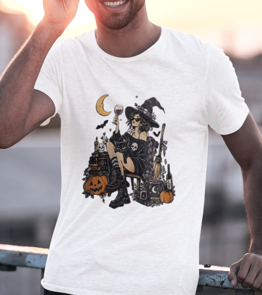 Halloween Witch Hat Sunglasses Wine Glass Black Cat Pumpkin Moon Skull Books T-Shirt