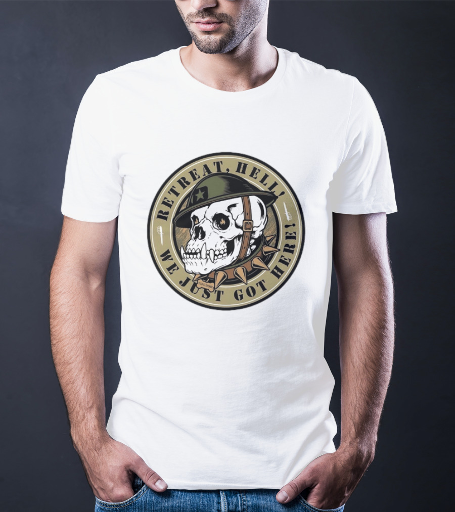 Retreat Hell We Just Got Here Teufelshunde Skull Military Helmet And Spikes T-Shirt