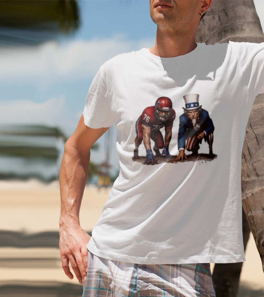 Uncle Sam And American Football Player Number 76 Crouching On Field T-Shirt