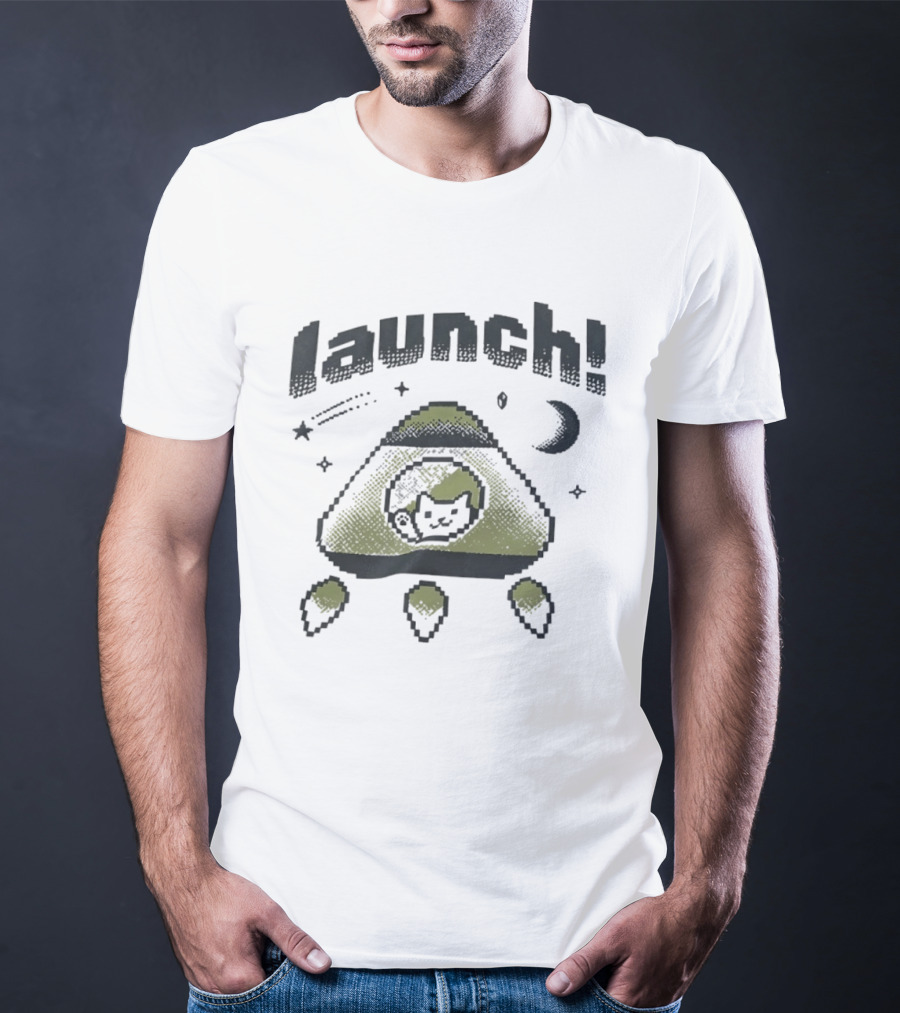Launch MagicPod Cat Spaceship Pixel Art Collaboration Vibe Coders T-Shirt