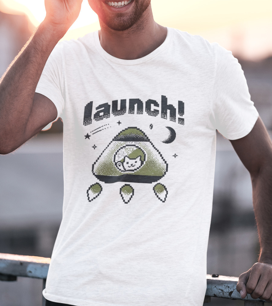 Launch MagicPod Cat Spaceship Pixel Art Collaboration Vibe Coders T-Shirt