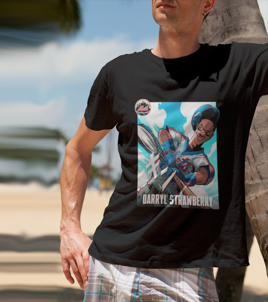 Darryl Strawberry New York Mets MLB Baseball Player Swinging Bat Cartoon T-Shirt