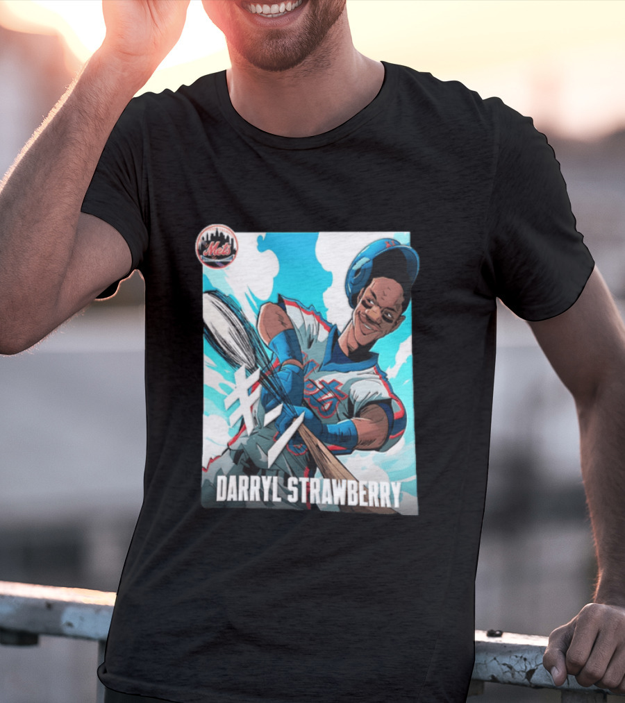 Darryl Strawberry New York Mets MLB Baseball Player Swinging Bat Cartoon T-Shirt