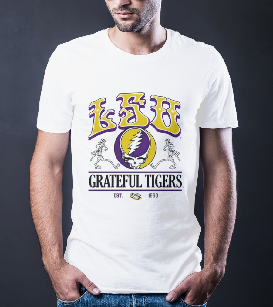 LSU Grateful Tigers Est 1860 Steal Your Face Lightning Skull Skeletons T-Shirt