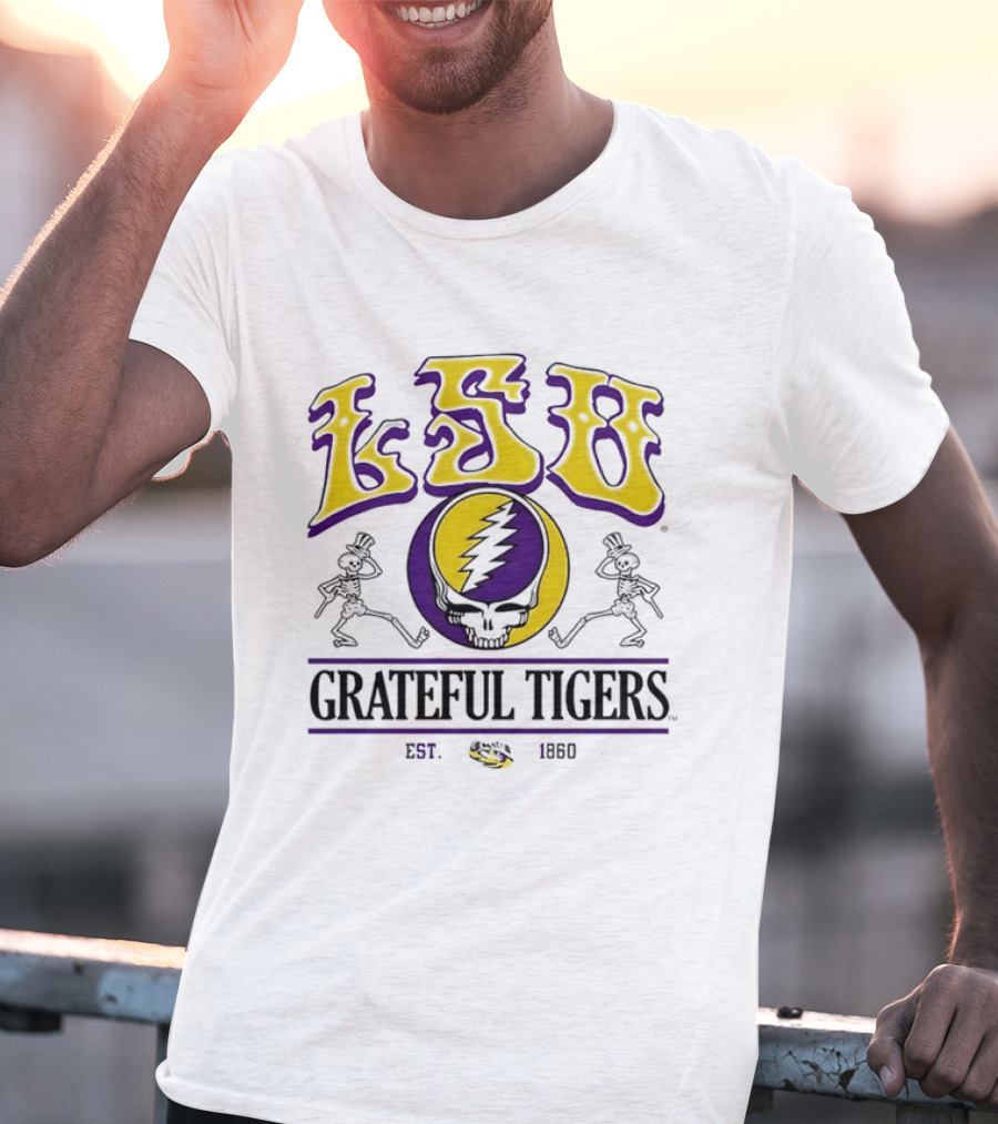 LSU Grateful Tigers Est 1860 Steal Your Face Lightning Skull Skeletons T-Shirt