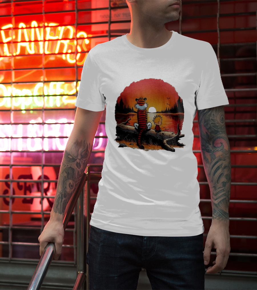 Calvin And Hobbes Log Sunset Lake Scene T-Shirt