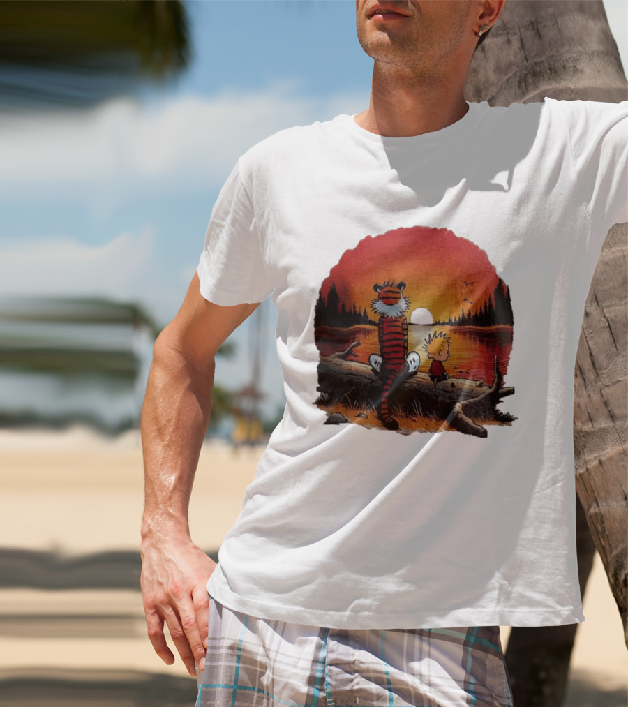 Calvin And Hobbes Log Sunset Lake Scene T-Shirt