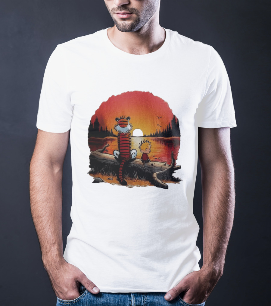 Calvin And Hobbes Log Sunset Lake Scene T-Shirt