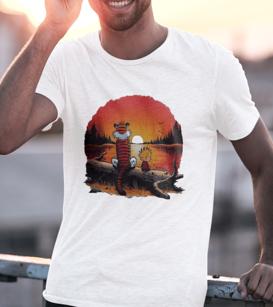 Calvin And Hobbes Log Sunset Lake Scene T-Shirt