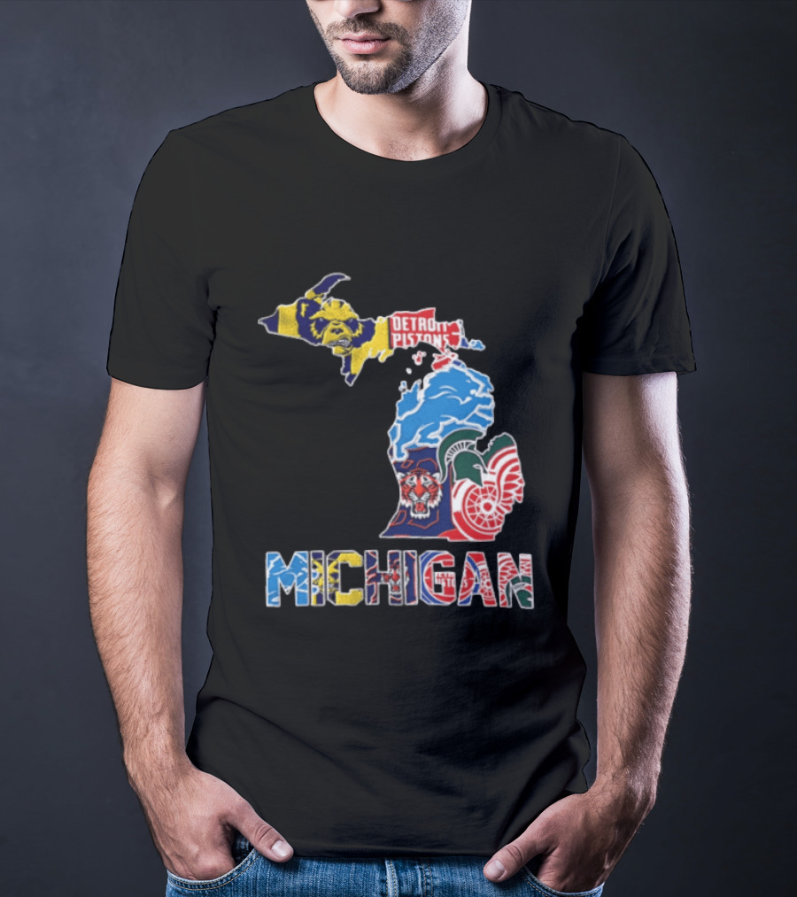 Detroit Pistons Lions Tigers Red Wings Michigan State Spartans Michigan Map T-Shirt