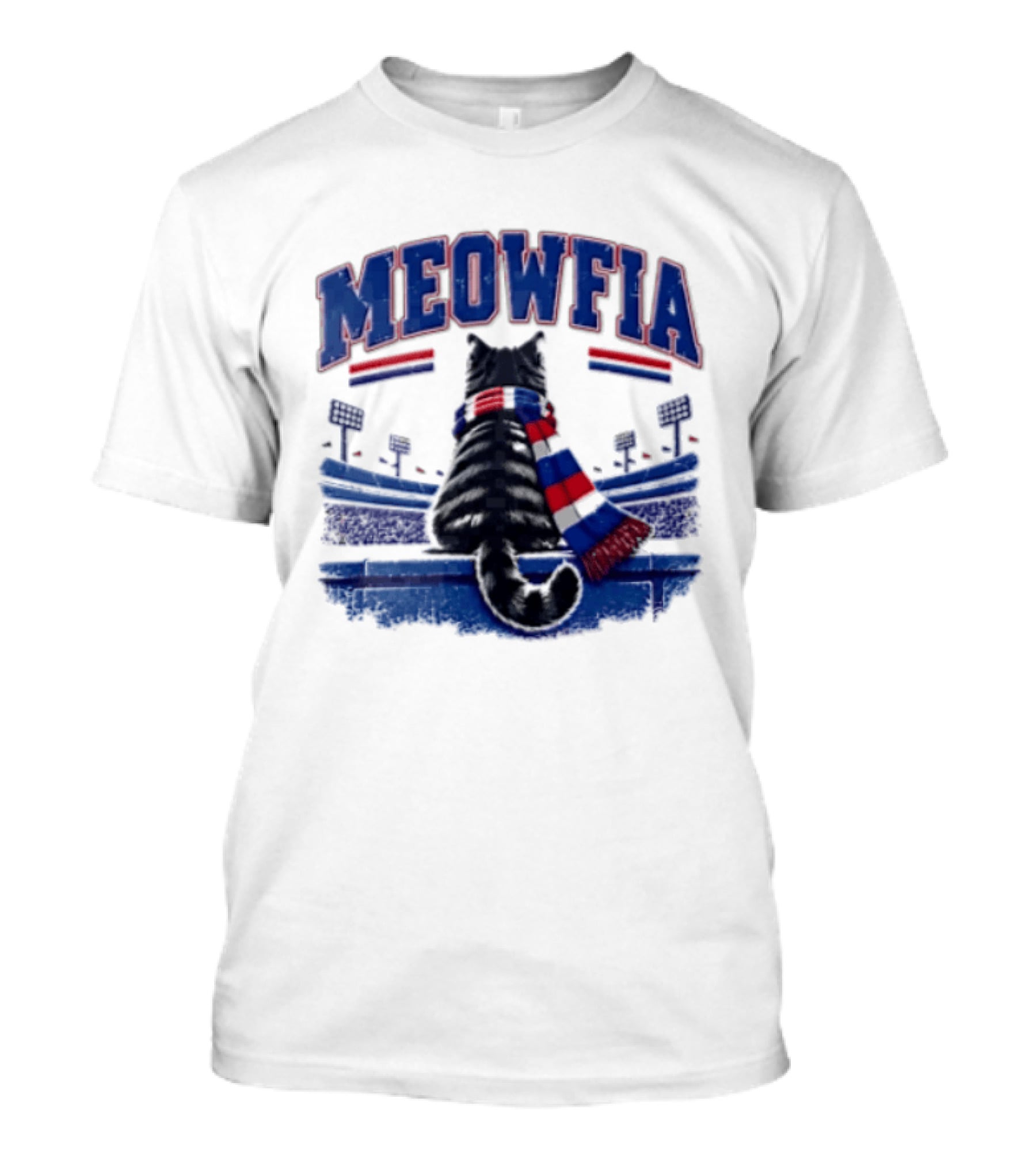 Meowfia Tabby Cat Sporting Colorful Scarf In Stadium Setting T-Shirt