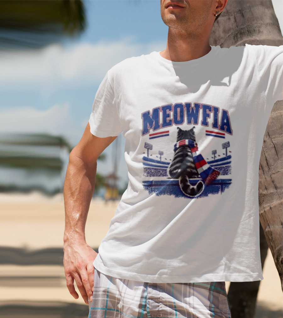 Meowfia Tabby Cat Sporting Colorful Scarf In Stadium Setting T-Shirt