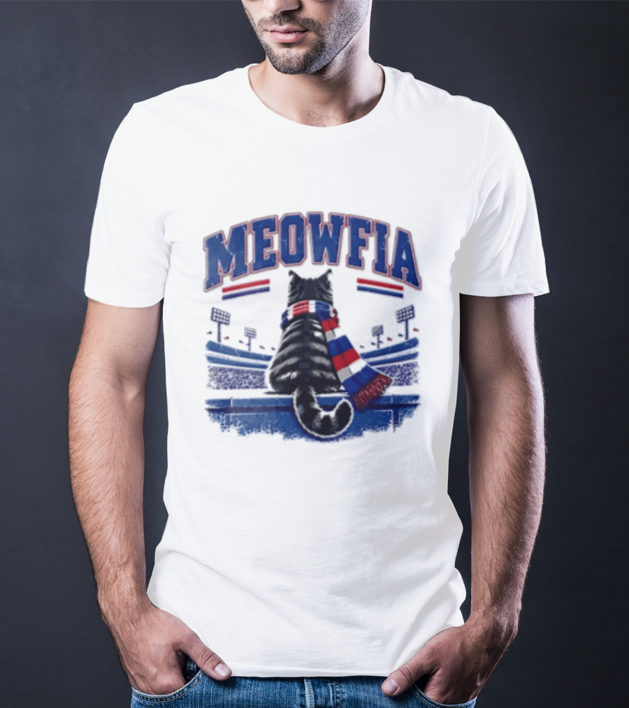 Meowfia Tabby Cat Sporting Colorful Scarf In Stadium Setting T-Shirt