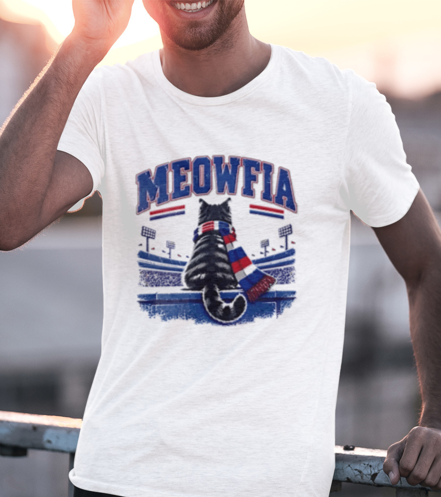Meowfia Tabby Cat Sporting Colorful Scarf In Stadium Setting T-Shirt