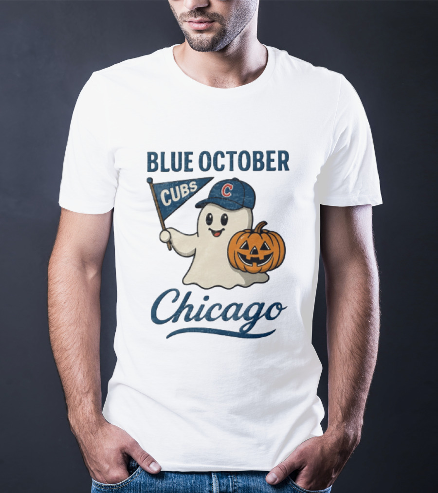 Chicago Cubs Blue October Halloween Ghost Pumpkin Baseball T-Shirt