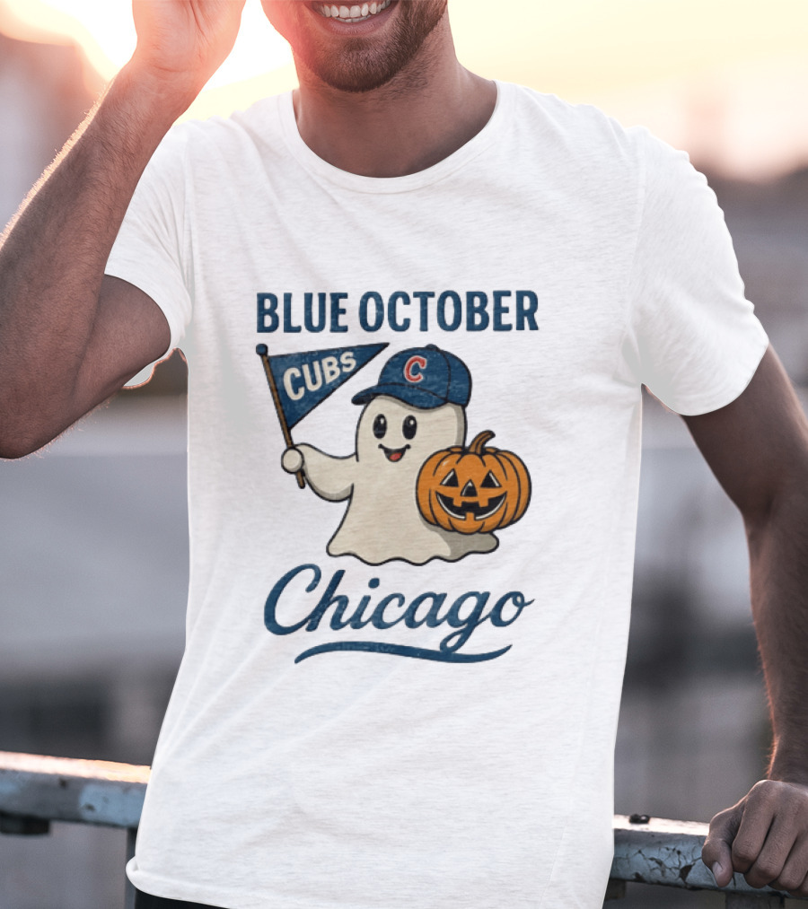 Chicago Cubs Blue October Halloween Ghost Pumpkin Baseball T-Shirt