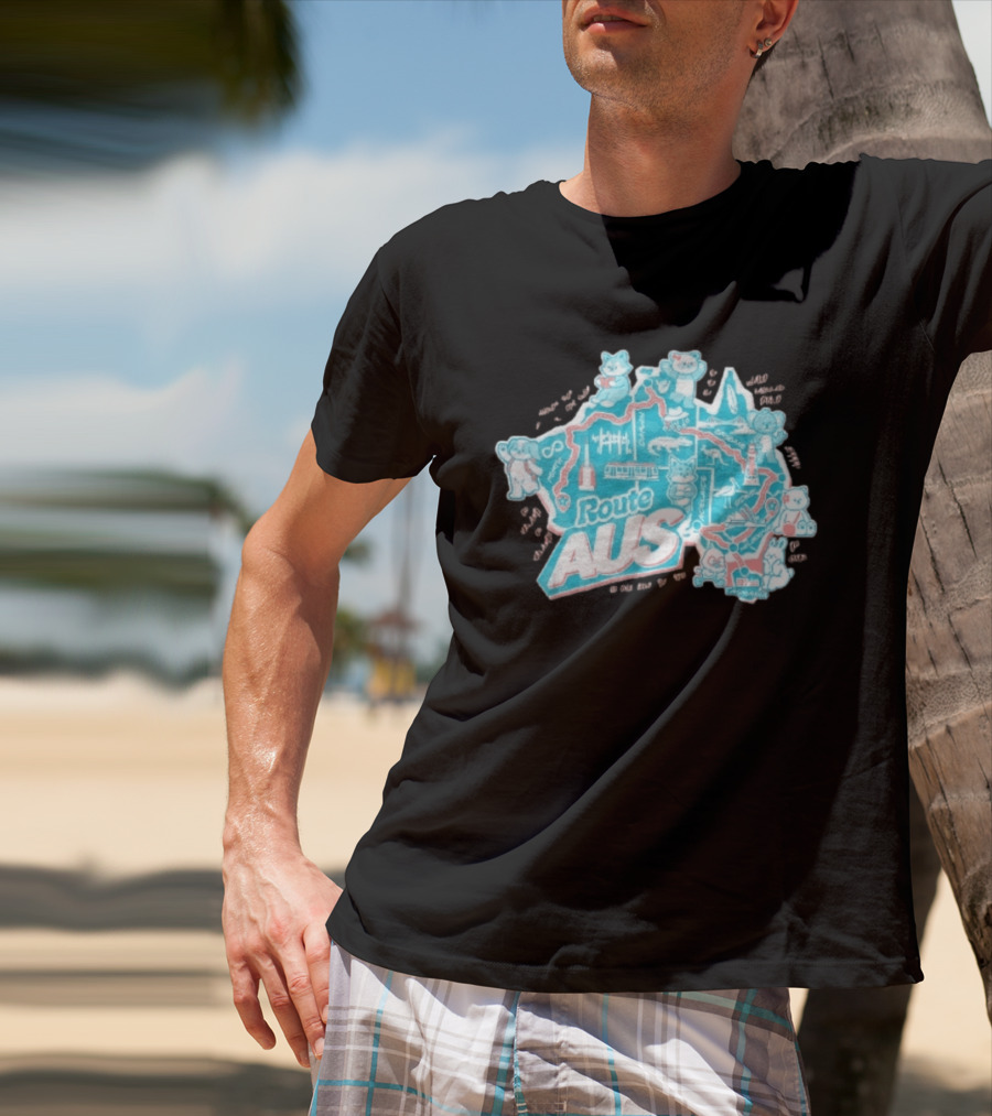 Route Aus Australia Map Animals Travel Icons Brisbane Sydney Melbourne Canberra T-Shirt