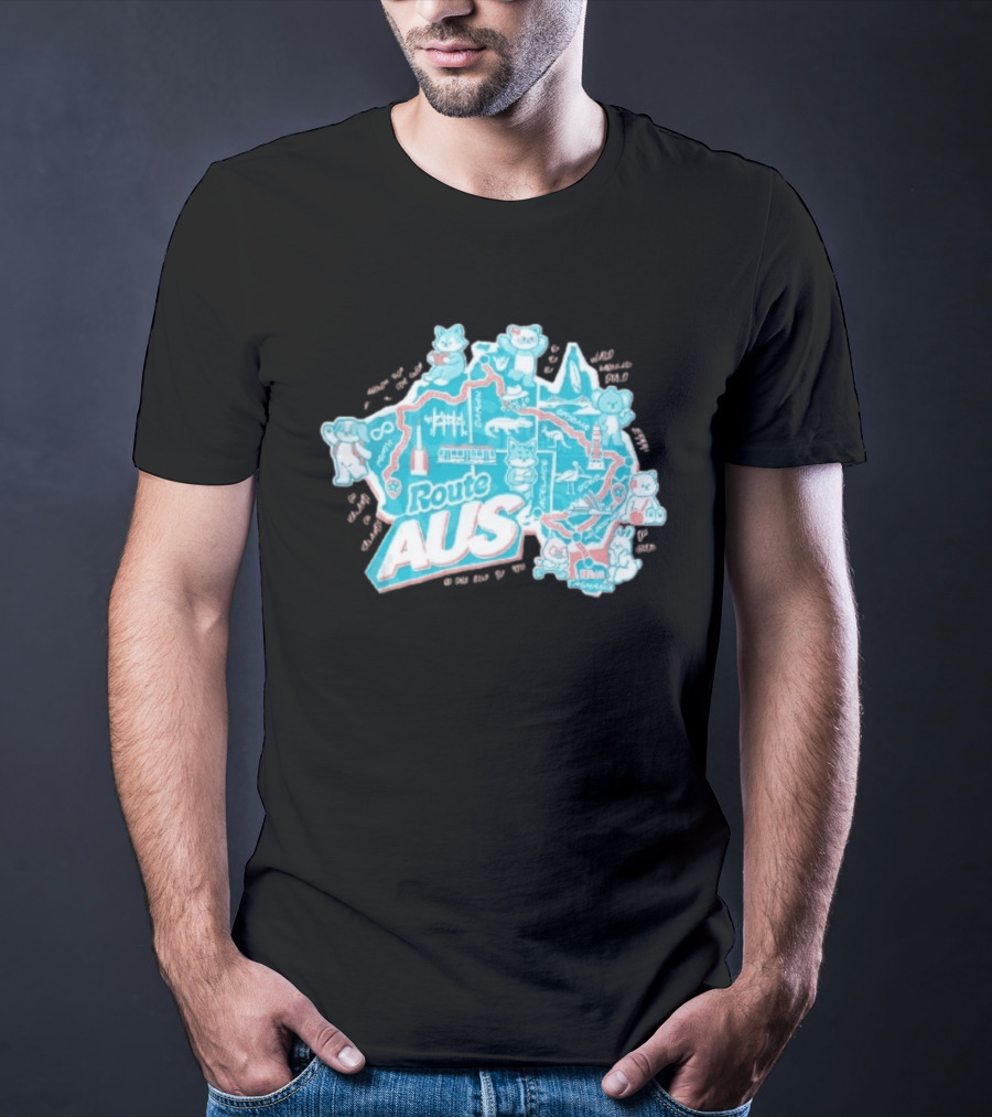 Route Aus Australia Map Animals Travel Icons Brisbane Sydney Melbourne Canberra T-Shirt