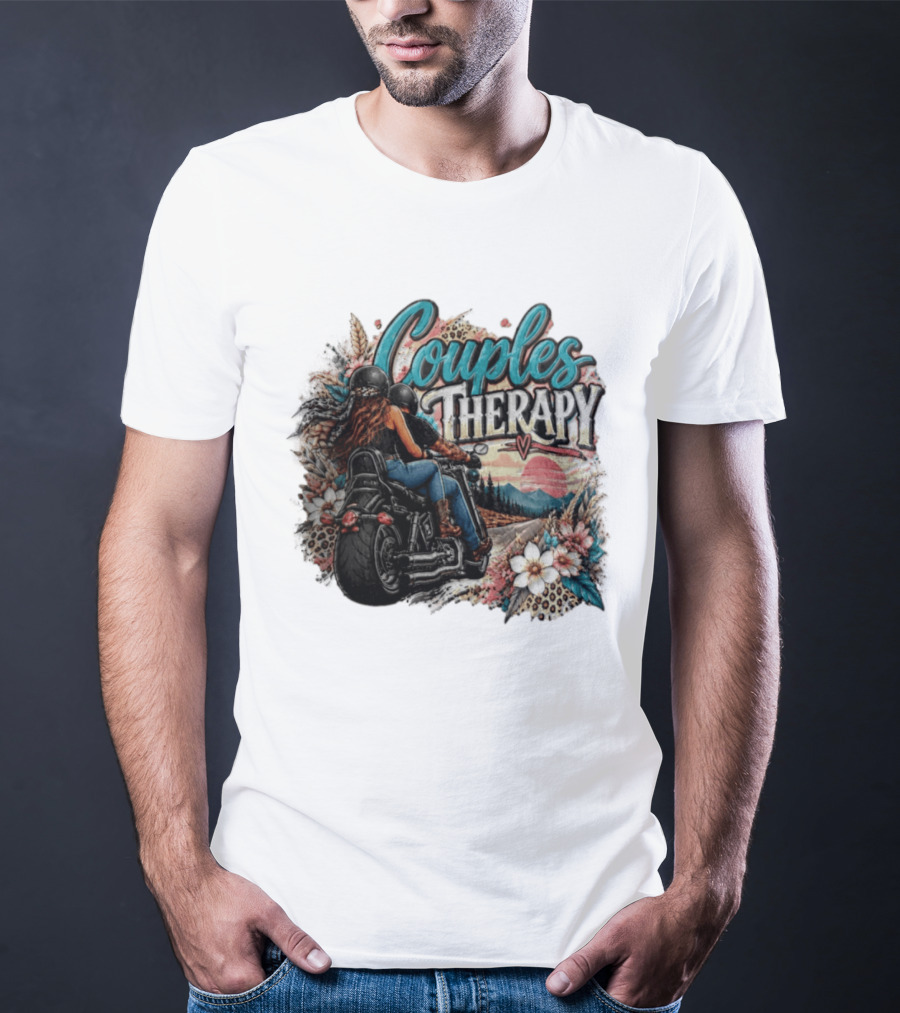 Couples Therapy Motorcycle Sunset Flowers Adventure T-Shirt