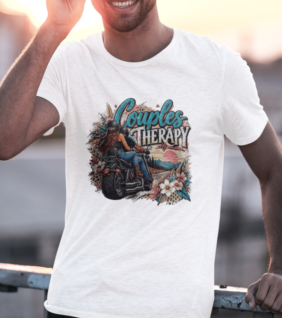 Couples Therapy Motorcycle Sunset Flowers Adventure T-Shirt