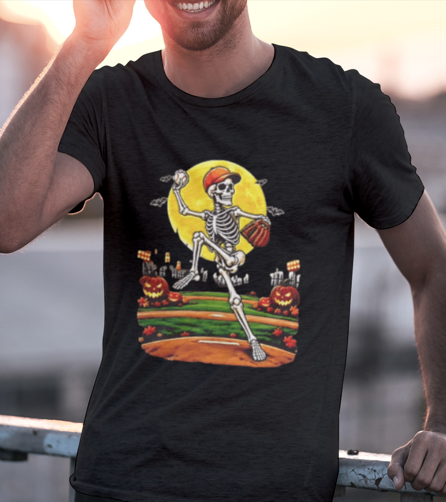 Skeleton Baseball Pitcher Halloween Full Moon Pumpkin Graveyard Scene T-Shirt
