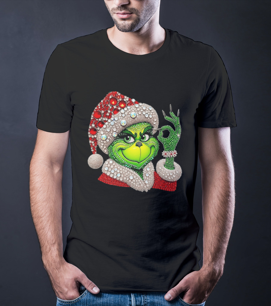 The Grinch Rhinestone Christmas Santa Hat Green Face With Jewels T-Shirt