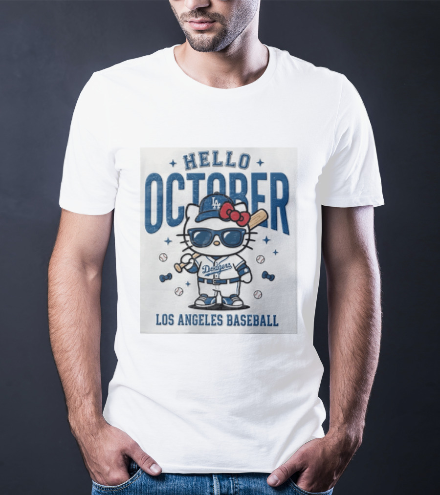 Hello October Los Angeles Dodgers Baseball Kitty Fans Holiday Celebration T-Shirt