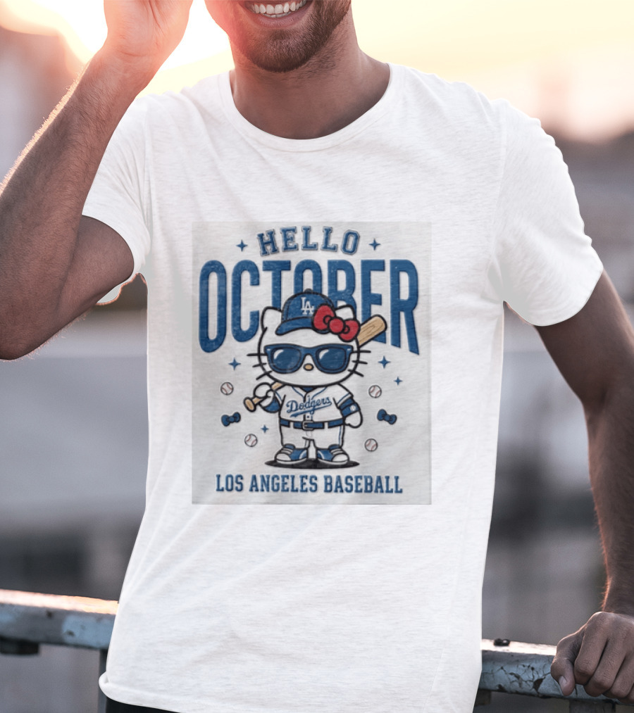 Hello October Los Angeles Dodgers Baseball Kitty Fans Holiday Celebration T-Shirt