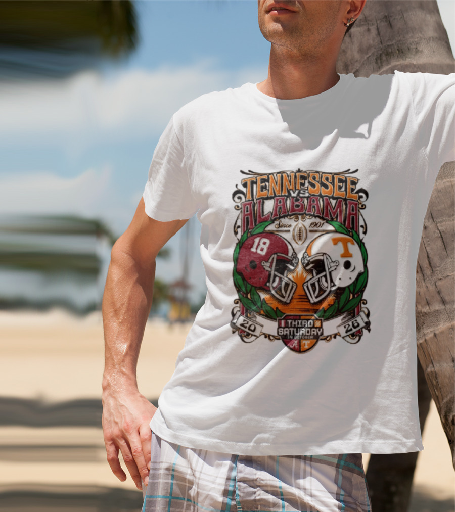 Tennessee Vs Alabama Football Rivalry Third Saturday October 2026 Helmets Since 1901 T-Shirt