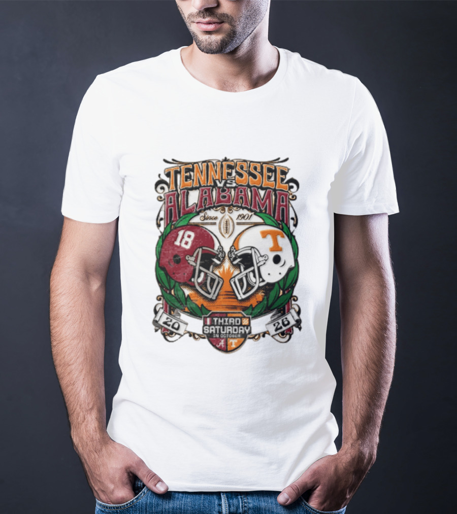 Tennessee Vs Alabama Football Rivalry Third Saturday October 2026 Helmets Since 1901 T-Shirt