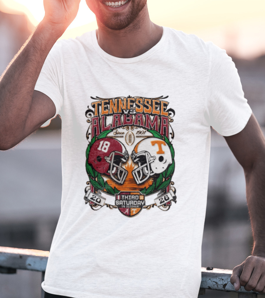 Tennessee Vs Alabama Football Rivalry Third Saturday October 2026 Helmets Since 1901 T-Shirt