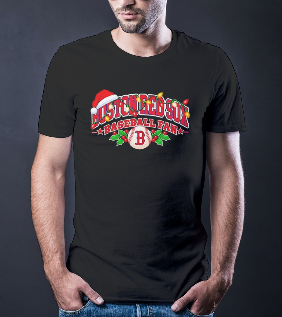 Boston Red Sox Baseball Fan Christmas Lights Santa Hat T-Shirt