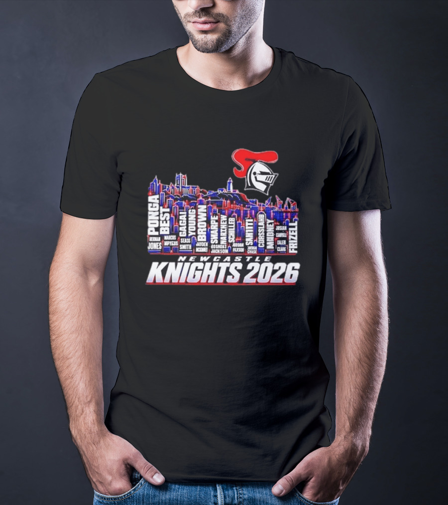 Newcastle Knights 2026 NRL Roster Skyline With Ponga, Best, Frizell, Gagai, Young, Brown T-Shirt