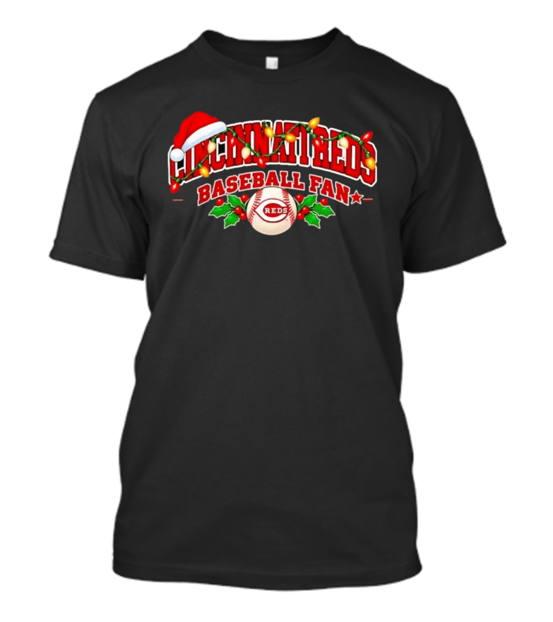 Cincinnati Reds Baseball Fan Christmas Lights Santa Hat T-Shirt