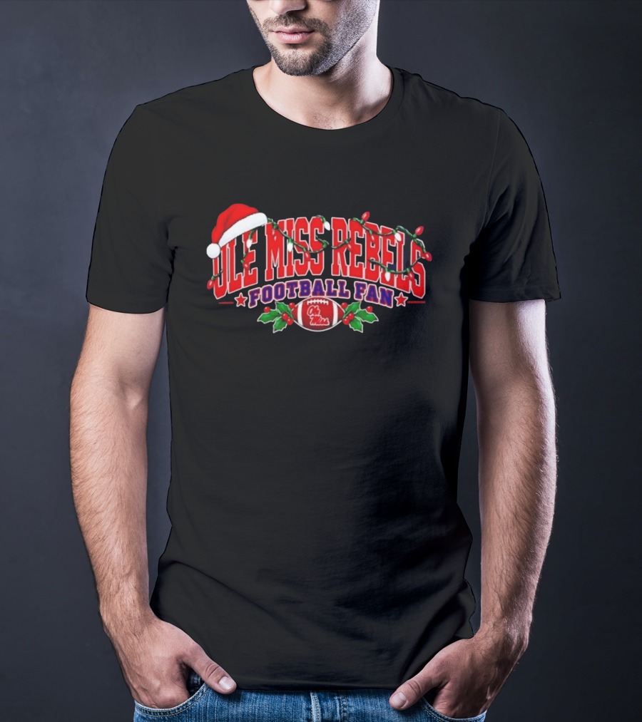 Ole Miss Rebels Football Fan Christmas Lights Santa Hat T-Shirt