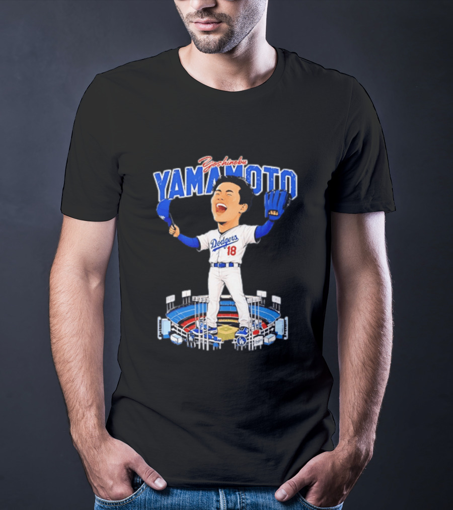 Yoshinobu Yamamoto Los Angeles Dodgers 18 Baseball Caricature Stadium T-Shirt