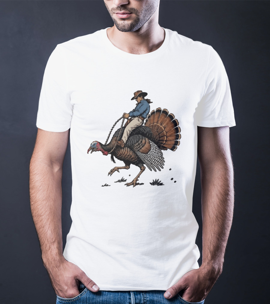 Cowboy Riding Turkey Thanksgiving Humor T-Shirt