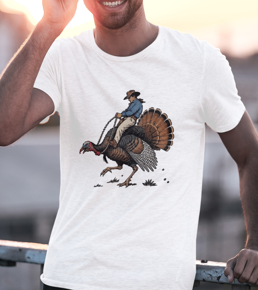 Cowboy Riding Turkey Thanksgiving Humor T-Shirt