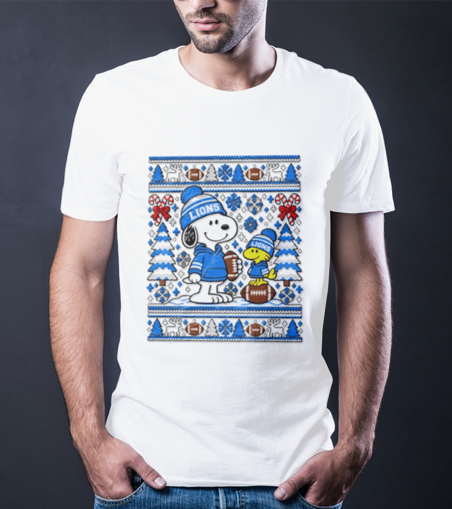 Detroit Lions Snoopy Woodstock Christmas Sweater Peanuts NFL Football Blue Holiday T-Shirt