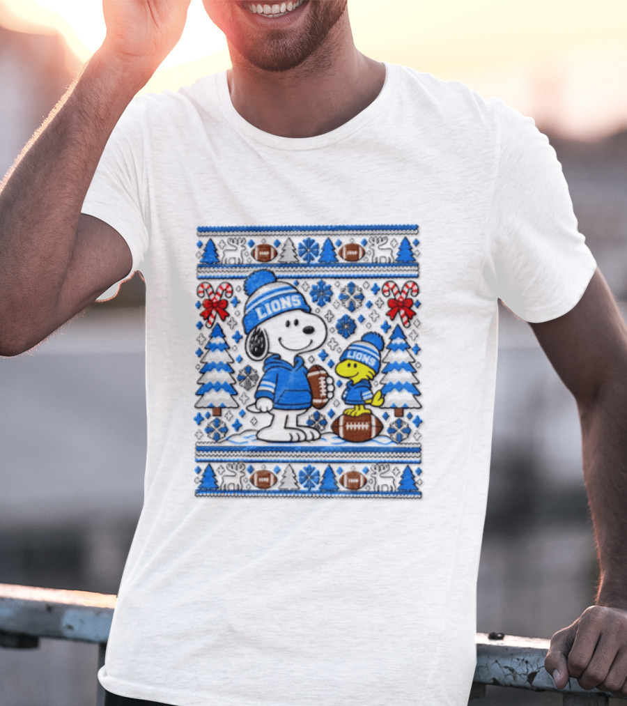 Detroit Lions Snoopy Woodstock Christmas Sweater Peanuts NFL Football Blue Holiday T-Shirt