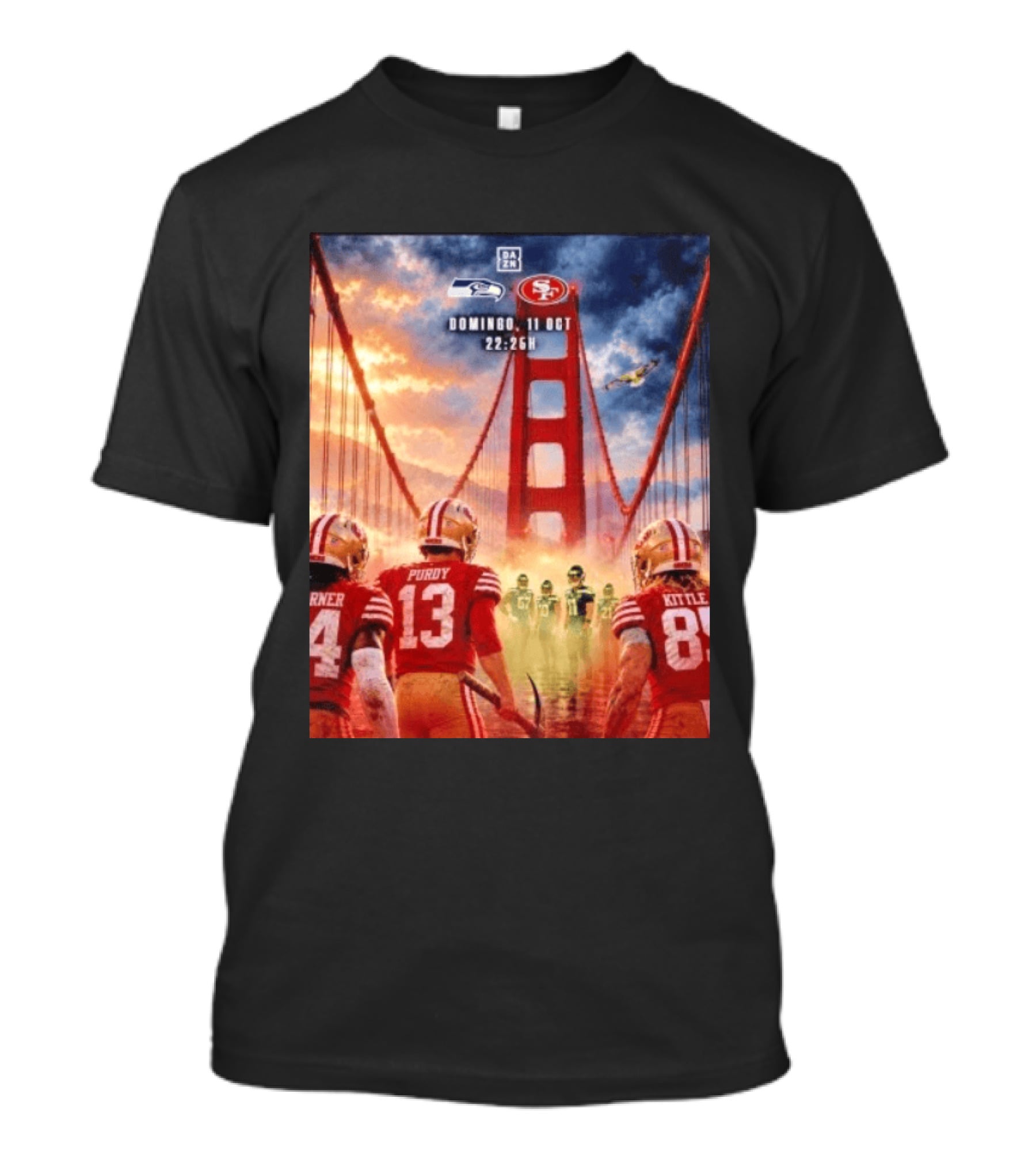 Seattle Seahawks Vs SF 49ers Purdy Kittle Battle Domingueo 11 Oct 22:26H Golden Gate Bridge Showdown T-Shirt