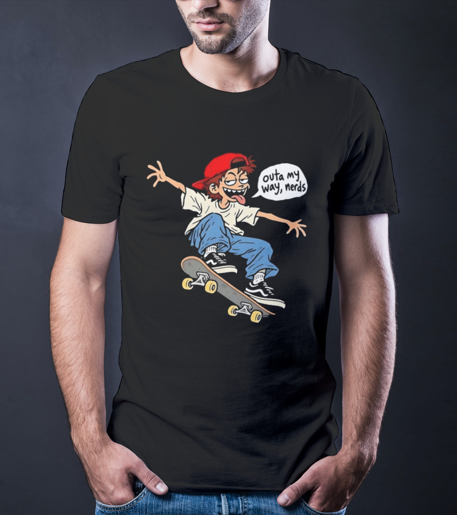 Outa My Way Nerds Skater Cartoon Tongue Out Red Cap Blue Pants White T-Shirt
