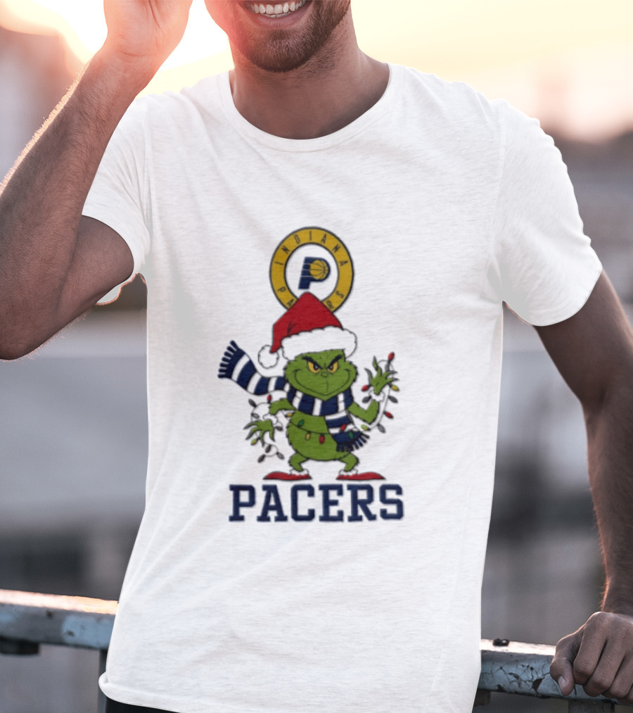 Pacers Christmas Grinch With Santa Hat And Lights T-Shirt
