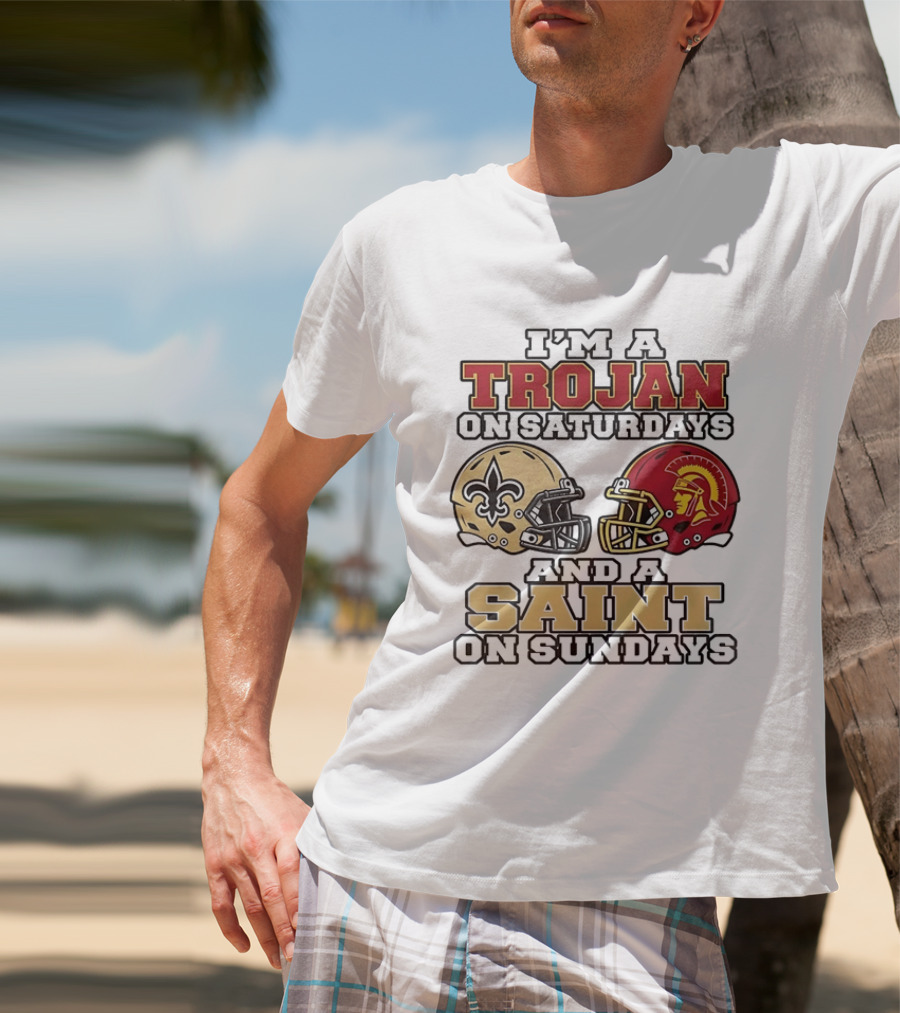 USC Trojans Saturdays New Orleans Saints Sundays Football Helmets T-Shirt