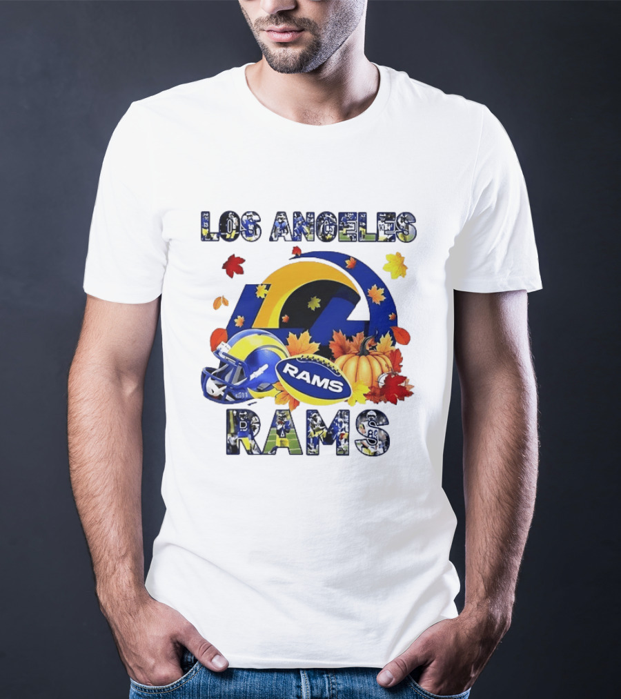 Los Angeles Rams Halloween Fall Football With Leaves And Pumpkin T-Shirt
