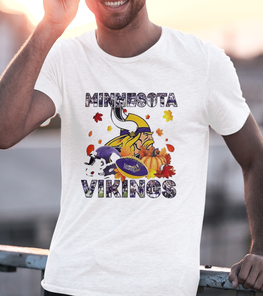 Minnesota Vikings Autumn Football Halloween Leaves Pumpkin T-Shirt