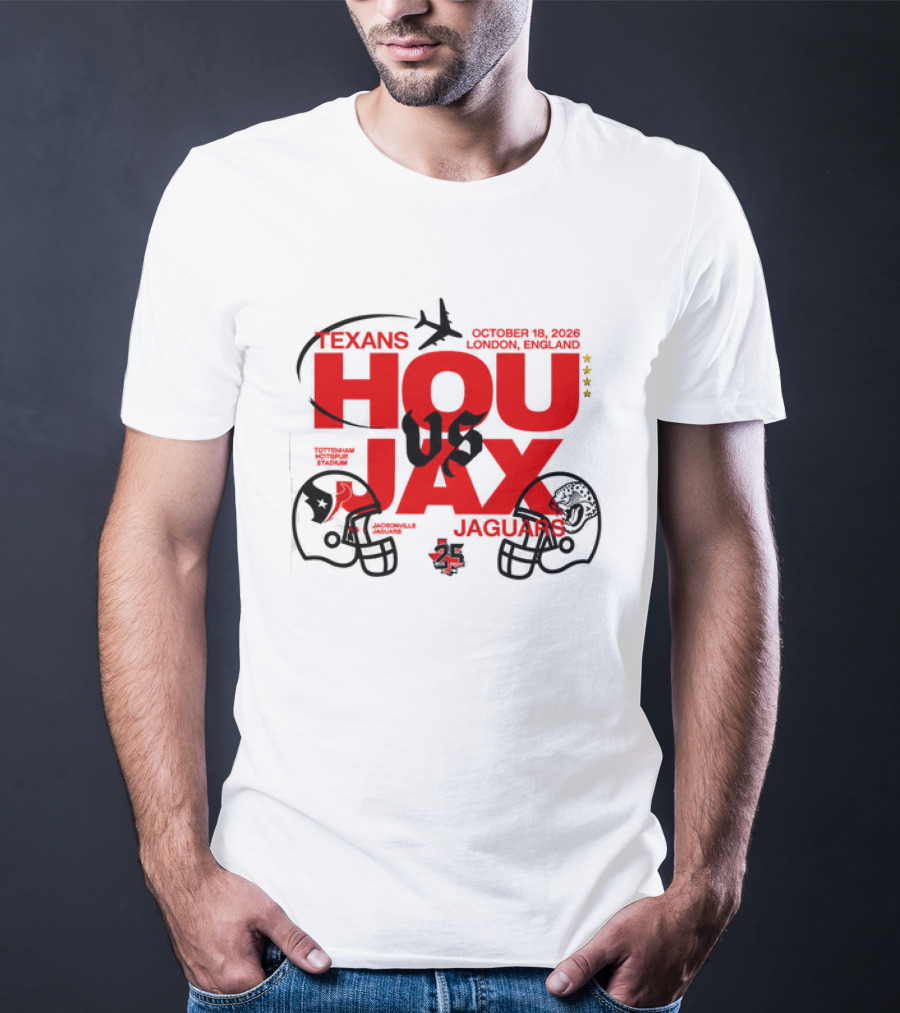 Texans Vs Jaguars London October 2023 NFL Matchup HOU JAX Helmets And Airplane T-Shirt