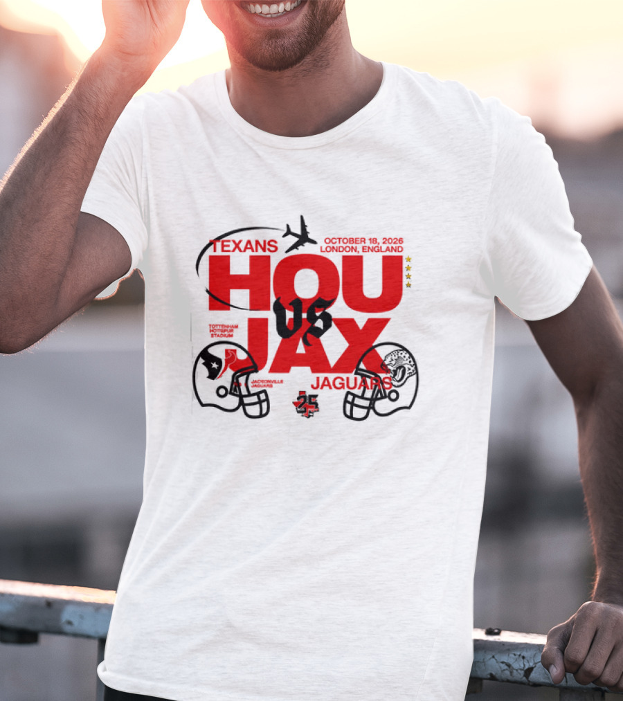 Texans Vs Jaguars London October 2023 NFL Matchup HOU JAX Helmets And Airplane T-Shirt